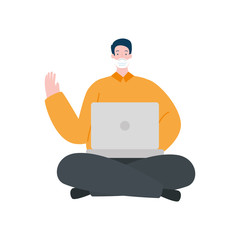 man using face mask with laptop isolated icon vector illustration design