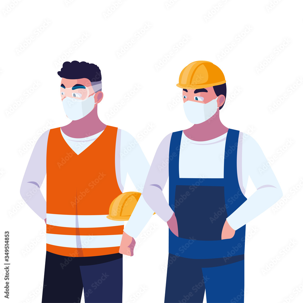 Poster men operators with masks and reflective vests