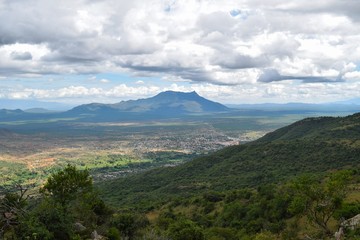 Scenic mountain landscapes in rural Uganda seen from Namanga Hills, Kenya