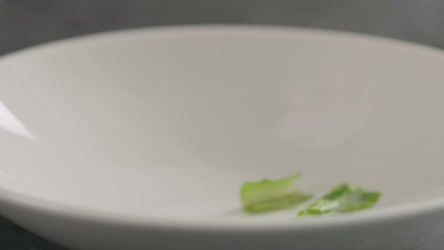 Slow motion man hands put romaine lettuce in white bowl closeup