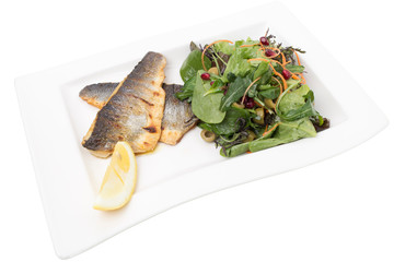 Two fried fish fillet with vegetable salad.