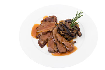 Slices of fried beef with fried mushrooms.