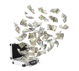American banknotes flying out suitcase on white background