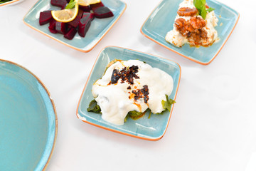 appetizers with yogurt, tomatoes, cheese, lemon, greens, mussels, olives, snacks on white background, ready for service, should be used as background.