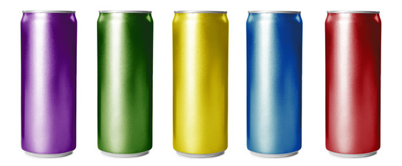 Set with colorful aluminium cans of beverage on white background. Banner design