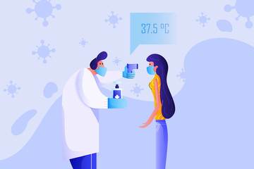 Obraz premium Doctor use infrared thermometer to measure body temperature of his patient and his right hand hold hand washing alcohol gel. Woman has normal body temperature. Screening for Covid-19 symptoms.