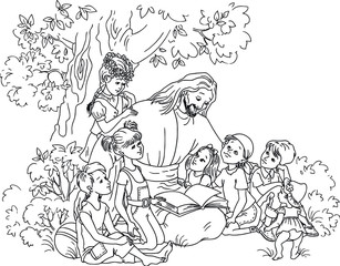 Fototapeta na wymiar Jesus reading the Bible with Children coloring page. 
