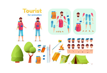 Vector cartoon hiker trekker tourist animation set