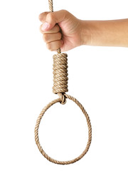 Man hand hold Loop, hemp rope on a white background