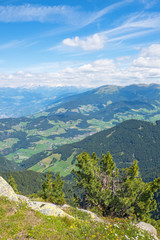Fototapeta na wymiar View of an alp valley with mountains on the horizon