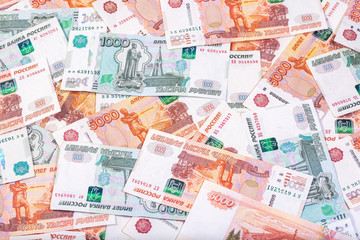 Background of banknotes of five and one thousand Russian rubles