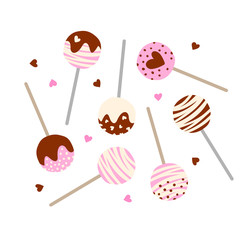 Vector set of cake pops with different tastes. Isolated on white. Strawberry, chocolate and vanilla tastes. Sweets illustration. Dessert set. Cartoon style.