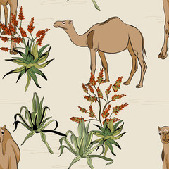 Savanna camel in desert pattern. Cartoon wild animal illustration, seamless design safari plants, cactus, african landscape print in vector