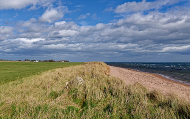 Small Marram Grass covered Dunes with fields behind and the small Fishing Village of East Haven in...