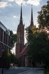 church, architecture, building, cathedral, tower, religion, old, city, sky, europe, landmark, town, travel, blue, gothic, historic, cityscape, tourism, history, historical, catholic,wroclaw,poland