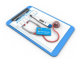 3d rendering medical doctor stethoscope with Electrical thermometer and credit card in document