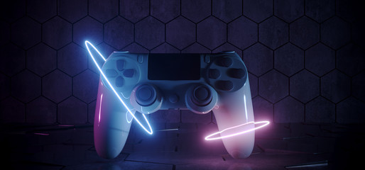 Sci Fi Future Gaming Joystick Neon Laser Circles Glowing Purple Blue On Concrete Tiled Floor Hexagone Synth Cyberpunk Epic Adventure Dark Room 3D Rendering © Phoenix_Renders