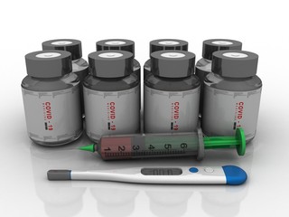 3d render Corona virus disease medicine with Electrical thermometer and Syringe