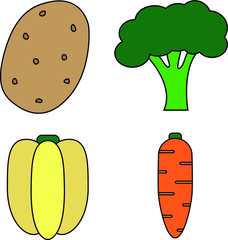 Vegetables raw vector icon set cartoon design, potato, broccoli, bell pepper and carrot