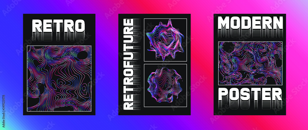 Poster set of retrofuturistic posters with holographic chromatic shapes in rainbow colors. synthwave and va