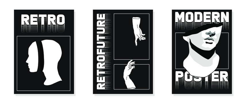 Set of retrofuturistic posters in black and white coloring with simple line art illustrations: hands of adam, ferns and colossal fragmentary head. Collection of flyers for club party and music event.