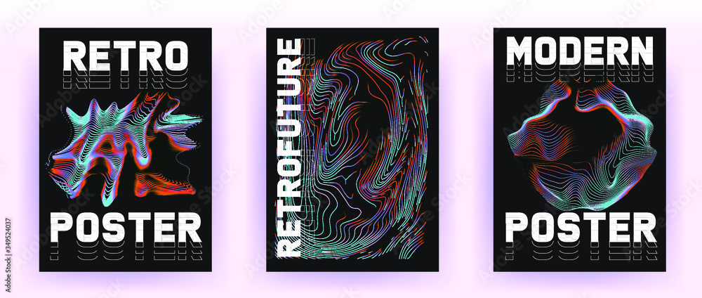 Poster set of retrofuturistic posters with holographic chromatic shapes in rainbow colors. synthwave and va