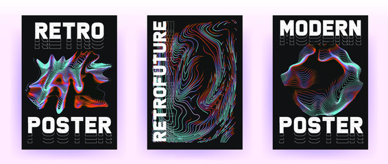 Set of retrofuturistic posters with holographic chromatic shapes in rainbow colors. Synthwave and vaporwave style covers for music party event and club invitation.