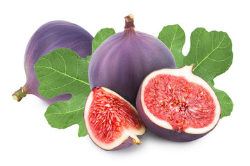 Fresh fig fruit and half with leaves isolated on white background