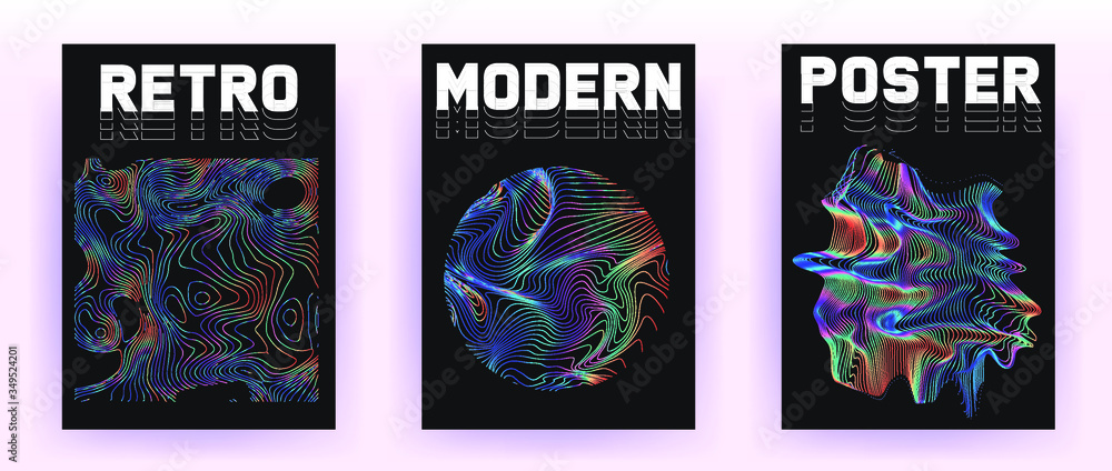 Poster set of retrofuturistic posters with holographic chromatic shapes in rainbow colors. synthwave and va