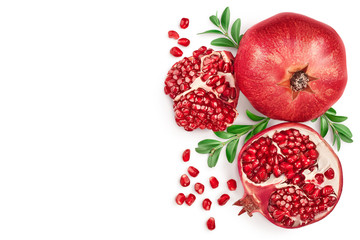 Pomegranate isolated on white background with clipping path and full depth of field. Top view with copy space for your text. Flat lay