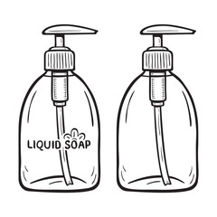 Monochromatic  cartoon illustration of liquid soap bottle. With and without text label.  On white background