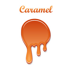 Caramel drop 3D. Realistic caramel, melted sauce. Flow liquid isolated on white background. Orange splash toffee candy. Delicious snack food. Sweet tasty cream. Melt smooth syrup. Vector illustration