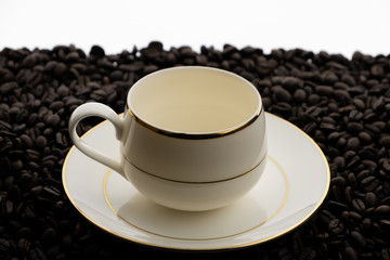 Blank white coffee cup on coffee beans field background