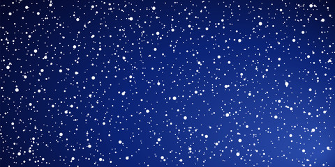 Snow blue background. Christmas snowy winter design. White falling snowflakes, abstract landscape. Cold weather effect. Magic nature fantasy snowfall texture decoration Vector illustration