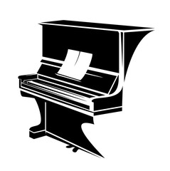 upright  piano with open scores outline - black and white vector design of home musical instrument © Cattallina