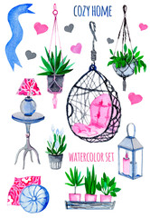 Watercolor illustration of a cozy home decor, home sweet home. Cozy interior with house plants, isolated objects on a white background
