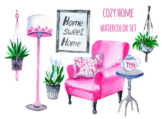 Watercolor cozy living room.Home sweet home. Isolated objects on white background. Stay at home. Hand-drawn illustration.