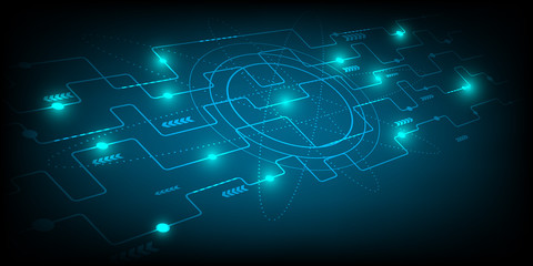 The blue and green glowing circuit board is a three-dimensional electrical current path that demonstrates modern technology.