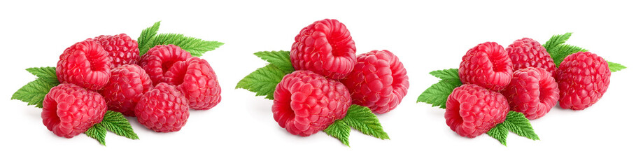 Ripe raspberries with leaf isolated on a white background, Set or collection