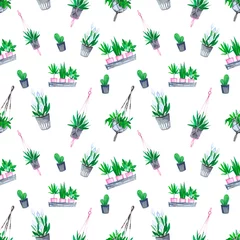 Foto op Plexiglas Planten in pot Aquarel naadloos patroon met kamerplanten in potten en bloempotten. Perfect voor verpakking, behang, inpakpapier, textiel.