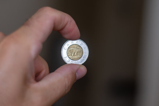 Persons Hand Holding Out A Toonie Or Two Dollar Coin, The Currency Of The Canada -  On A Brown Background. Money Exchange.