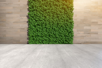 Generic 3D illustration of vertical garden and wooden wall with modern concrete floor, cement floor with wood wall in inner courtyard