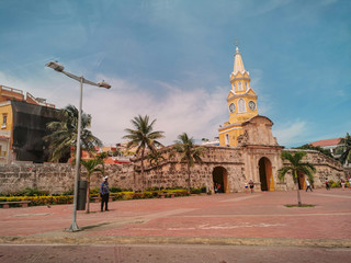 Fototapeta na wymiar CARTAGENA, COLOMBIA - NOVEMBER 09, 2019: Streets of the old city of Cartagena Cartagena de Indias in Colombia,