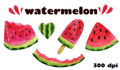 Watercolor watermelon set isolated on white background.