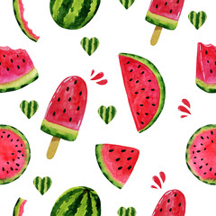 Exotic summer watercolor seamless pattern with slices of watermelon pattern, natural illustration on white background. Perfect for web, paper, texture,textile, design, logo,label, tag, sale, clothes