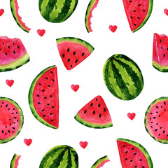 Exotic summer watercolor seamless pattern with slices of watermelon pattern, natural illustration on white background. Perfect for web, paper, texture,textile, design, logo,label, tag, sale, clothes
