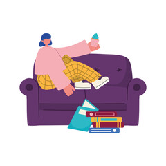 people activities, young woman sitting on sofa eating cupcake and books on floor