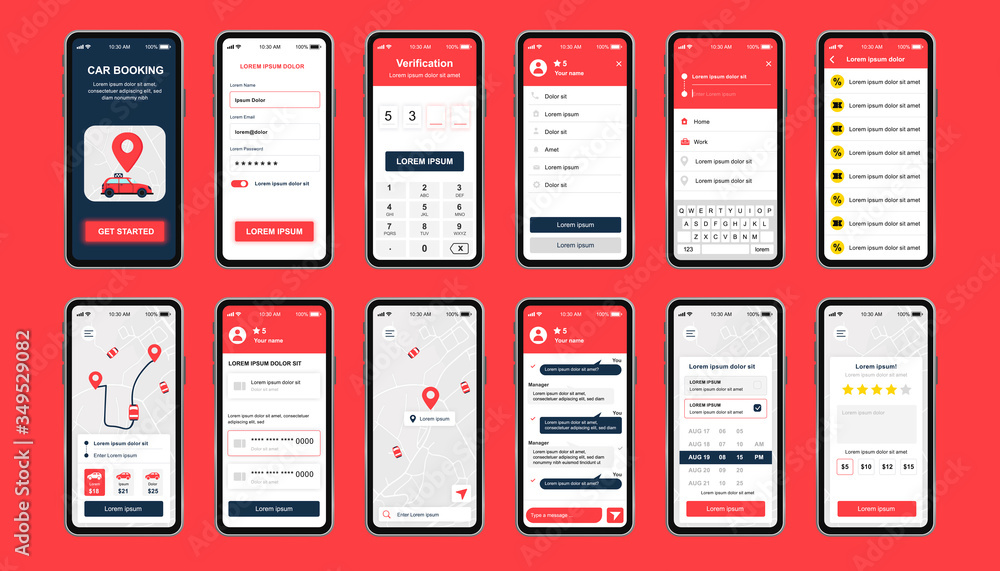 Aufkleber car booking unique design kit for mobile app. online rent car order screens with chat, rating, user 