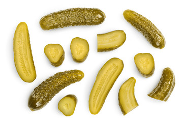 Marinated pickled cucumber isolated on white background with clipping path and full depth of field. Top view. Flat lay