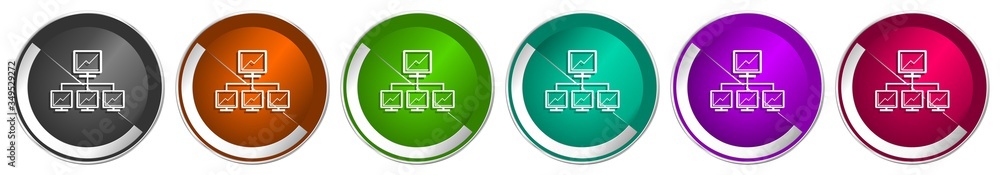 Poster Network icon set, silver metallic chrome border vector web buttons in 6 colors options for webdesign